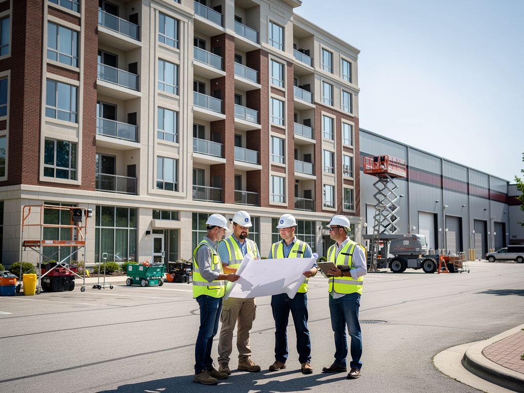 Construction engineers reviewing blueprints outside modern apartment building with scissor lift and renovation equipment