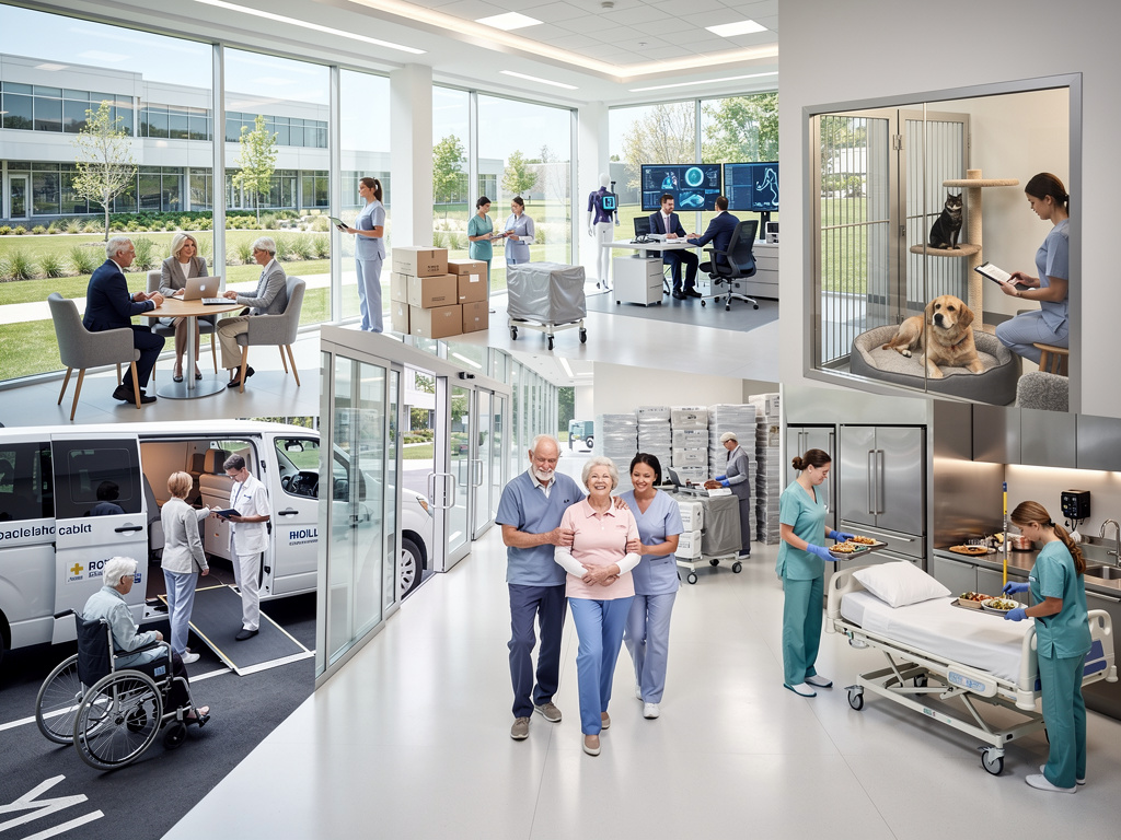 Modern healthcare facility collage showing nurses, elderly patients, medical transport, hospital room, pet therapy area, and clinical operations