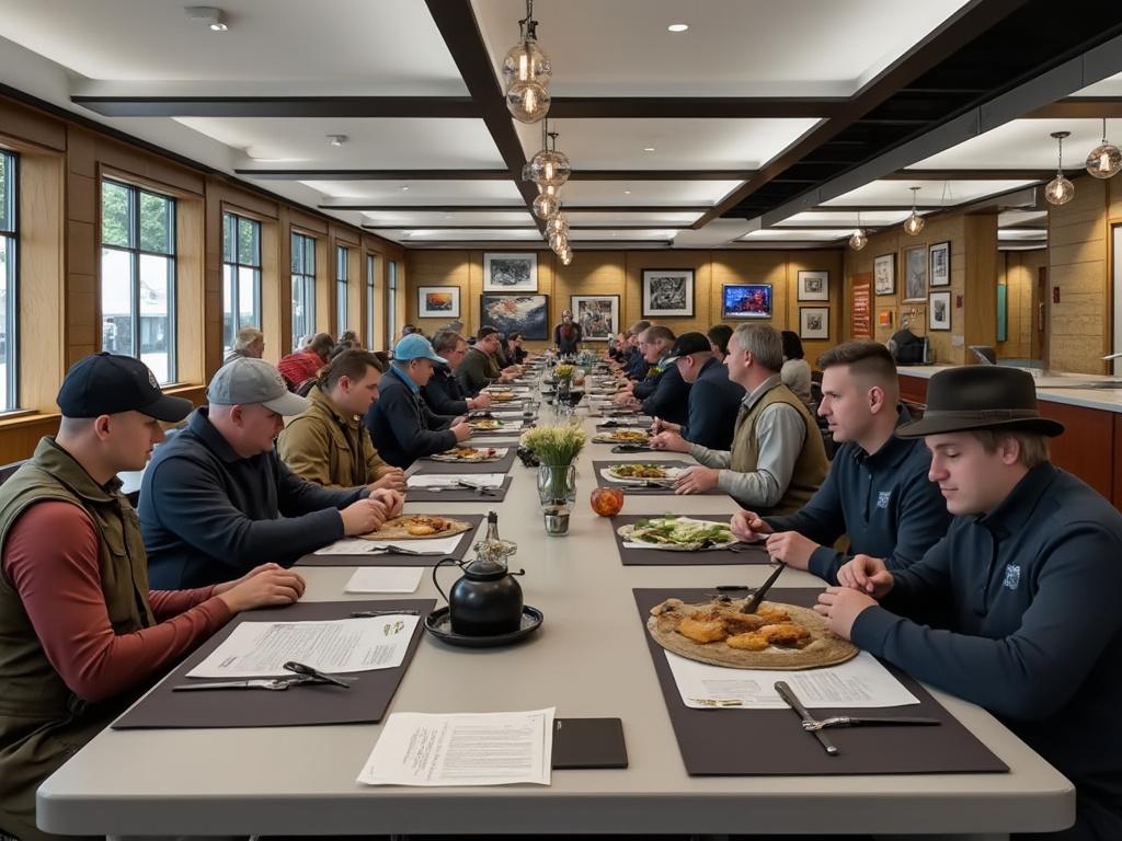 Large group of people seated at a long dining table in a conference room, engaged in a meal and discussion, surrounded by framed artwork and modern lighting.