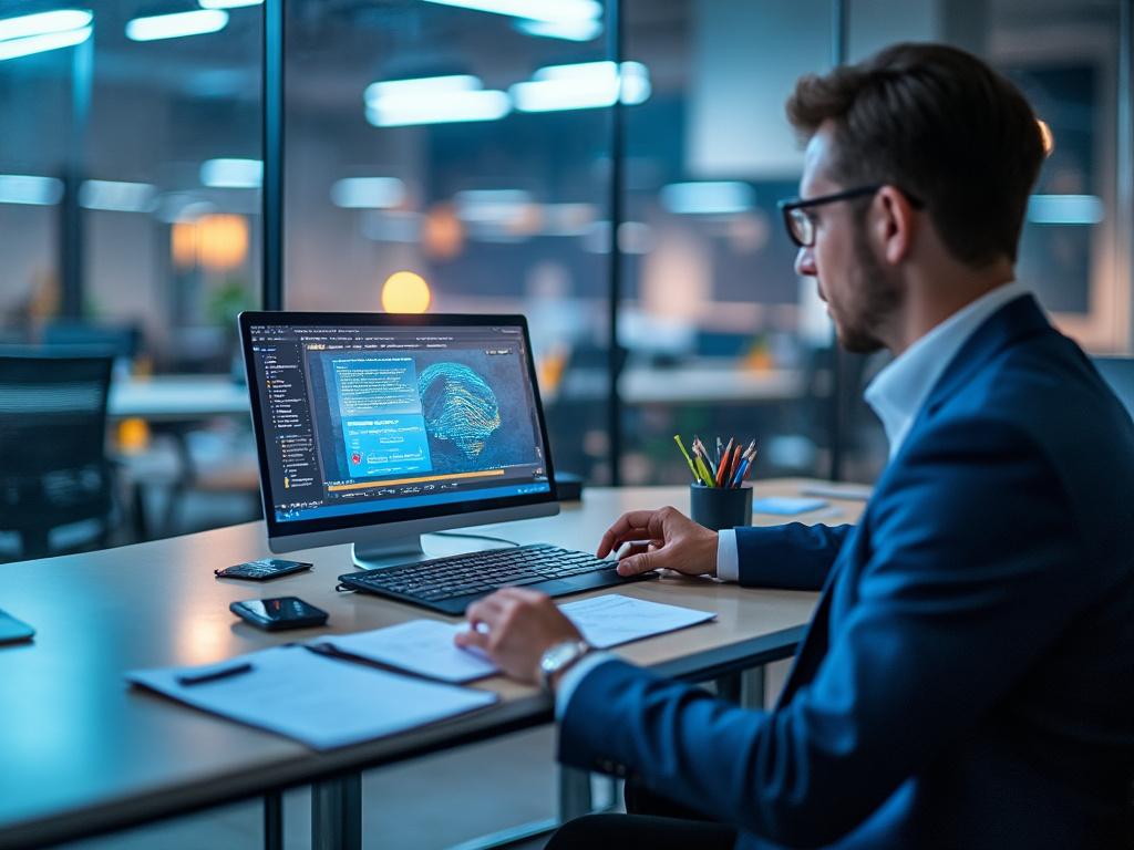 Business professional in a blue suit working on a desktop computer in a modern office, focusing on digital content on the screen.

