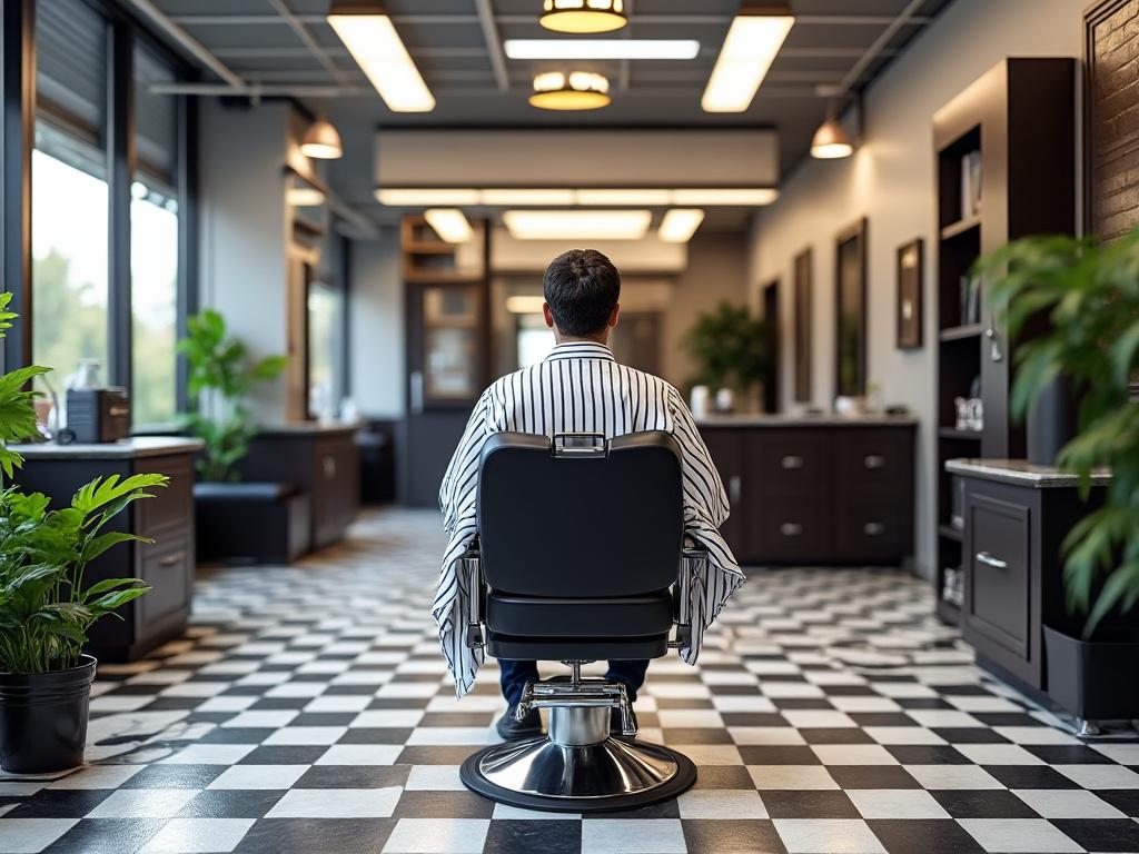 Man sitting in a modern barbershop with checkerboard floor and striped cape, surrounded by plants and stylish decor.