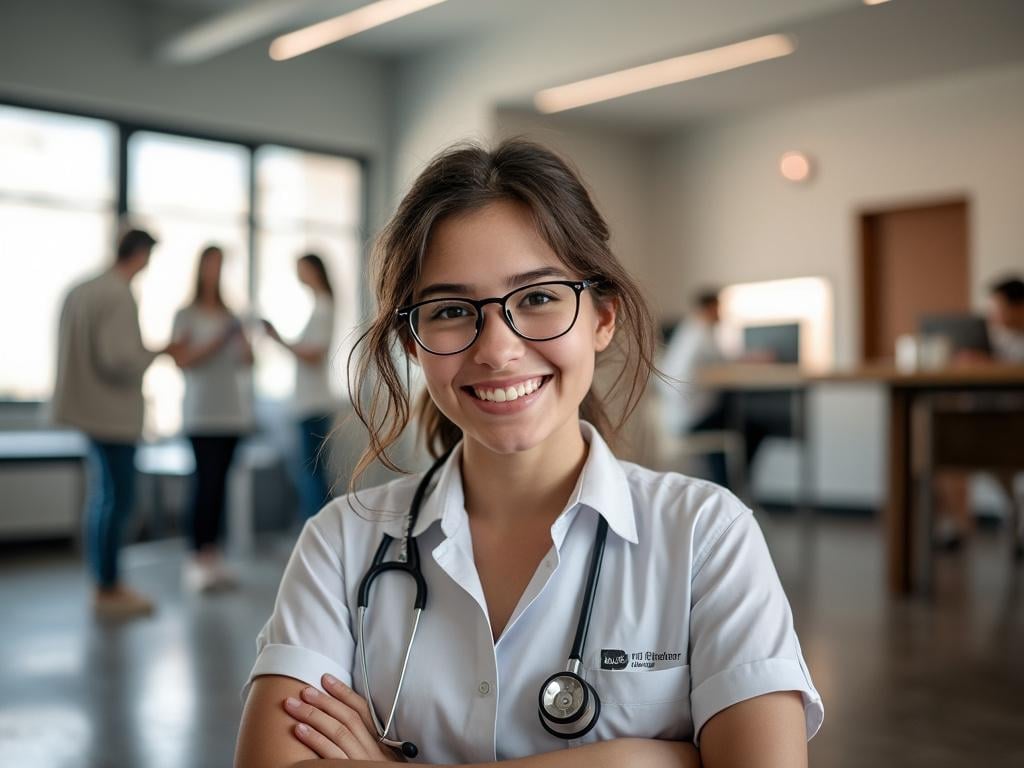 Smiling female doctor with glasses and stethoscope in modern hospital clinic