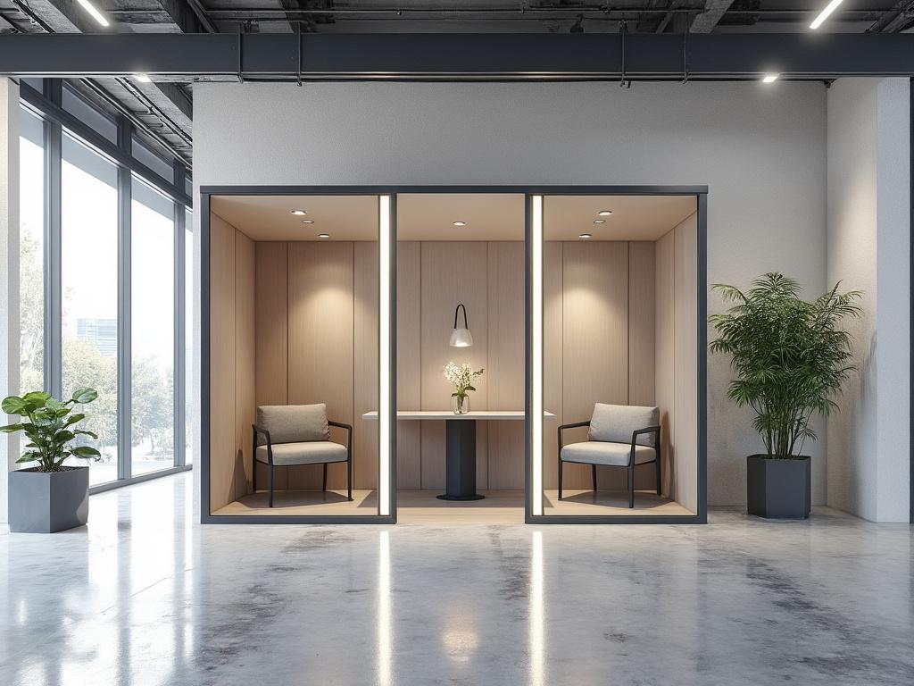 Cabinas modernas de oficina con sillas y mesa, plantas en macetas, iluminación minimalista y ventanas grandes.