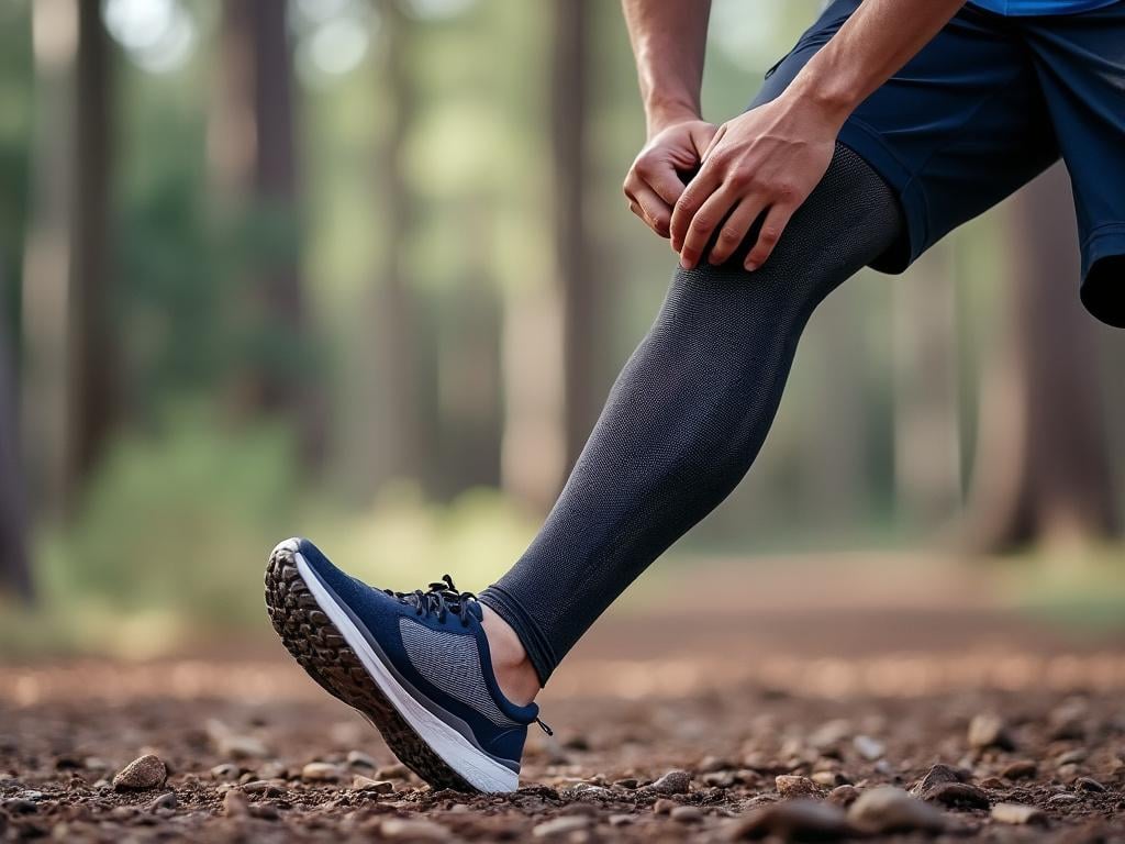 Person stretching leg wearing black leggings and blue running shoes on a forest trail.