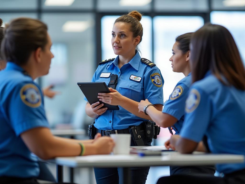 Smiling woman with blonde hair wearing a black blazer in a modern office environment.