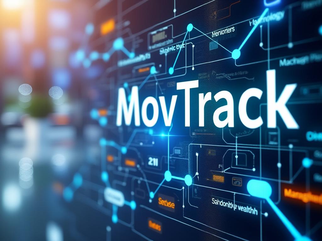 Imagem digital com a palavra 'MovTrack' destacada, cercada por gráficos e linhas conectadas em um design tecnológico.