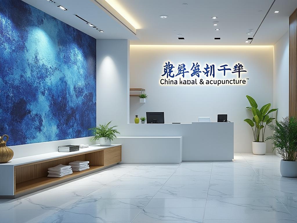 Modern acupuncture clinic reception area with blue textured wall, minimalist white desk, indoor plants, and sleek design.