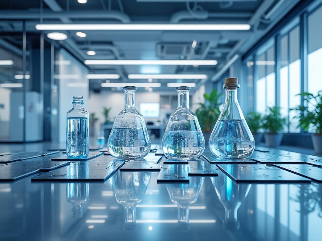 Laboratory glassware with liquid on a modern lab table, plants and bright windows in background.