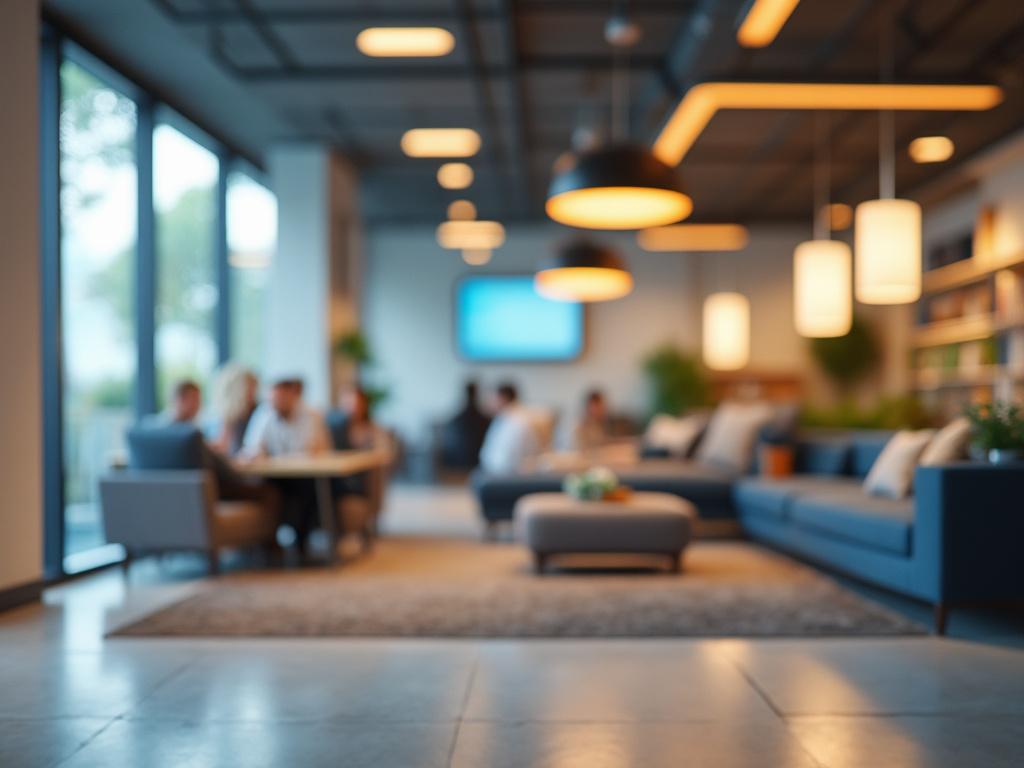 Blurred view of a modern office lounge with people meeting, stylish furniture, and ambient lighting. Blurred view of a modern office lounge with people meeting, stylish furniture, and ambient lighting.