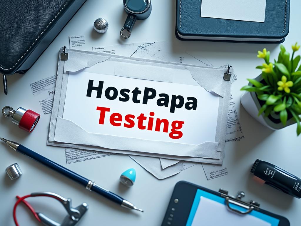 Office desk with HostPapa Testing text surrounded by stationery, plant, and electronic items.