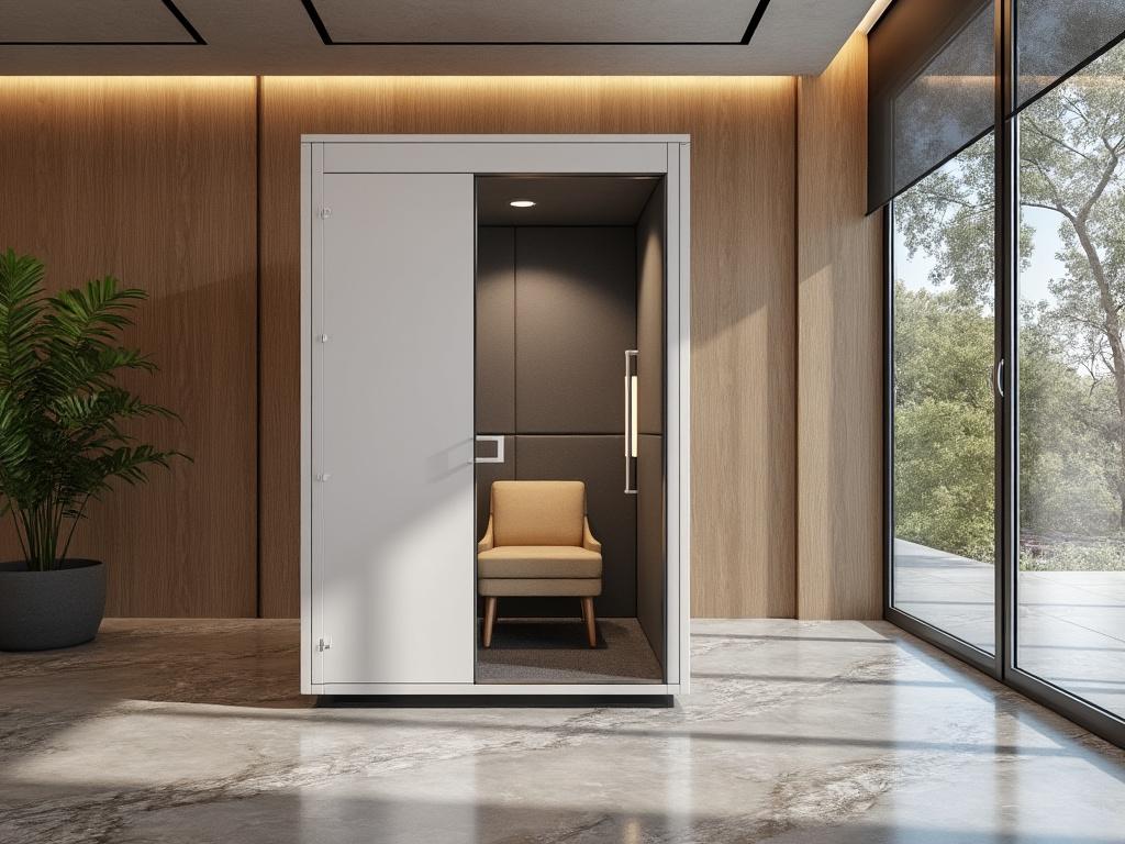 Cabina de aislamiento acústico moderna en oficina con silla, paredes de madera y gran ventanal.