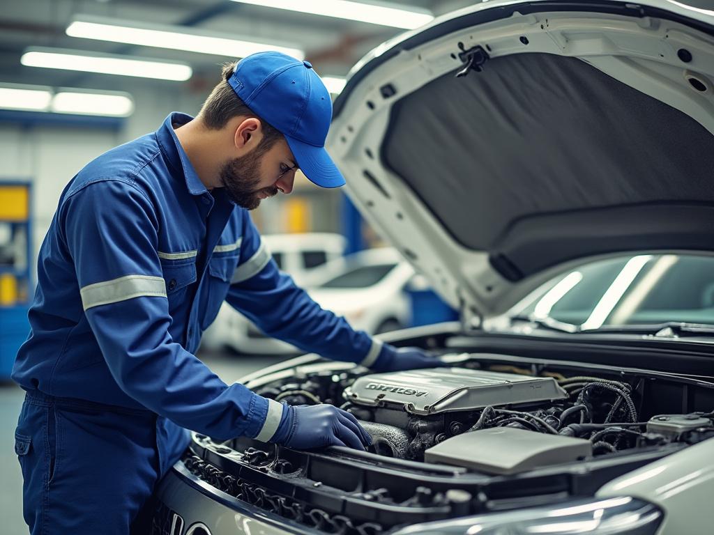 Mechaniker in blauer Uniform inspiziert Motorraum eines Autos in der Werkstatt.