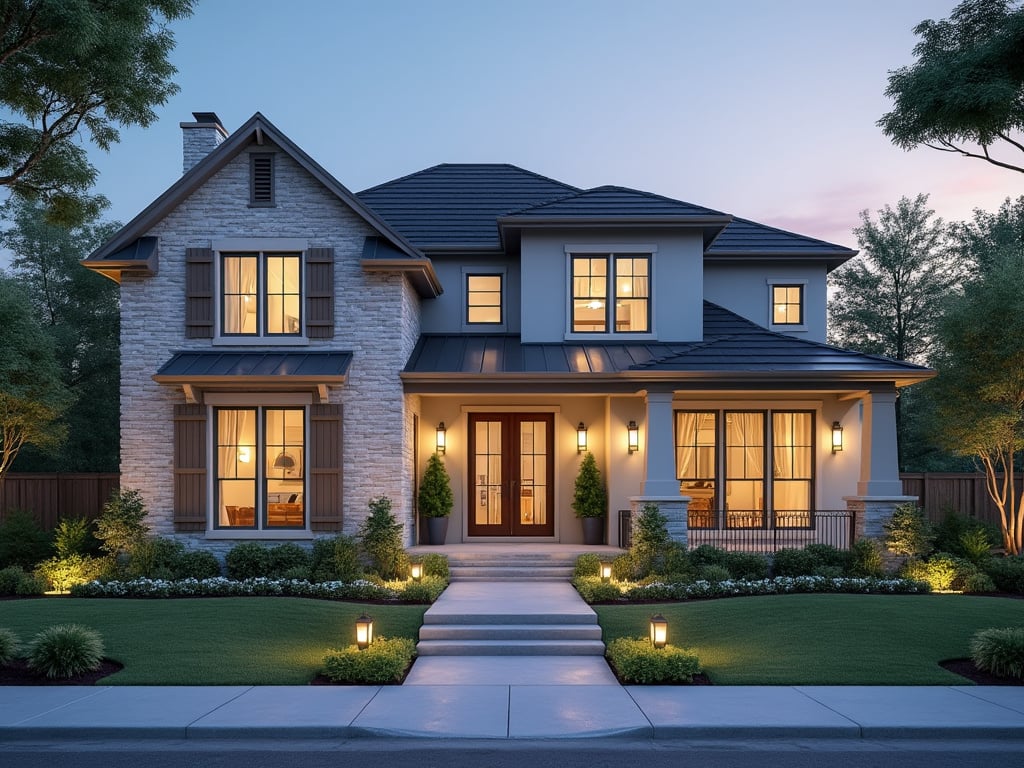 Modern two-story house with illuminated windows, manicured lawn, and pathway lighting at dusk.