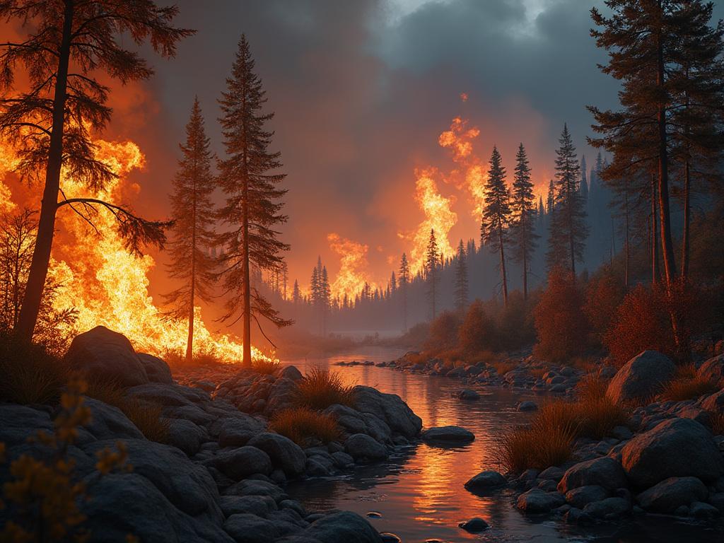 Forest wildfire raging near a rocky riverbank with tall trees under a dark, cloudy sky.
