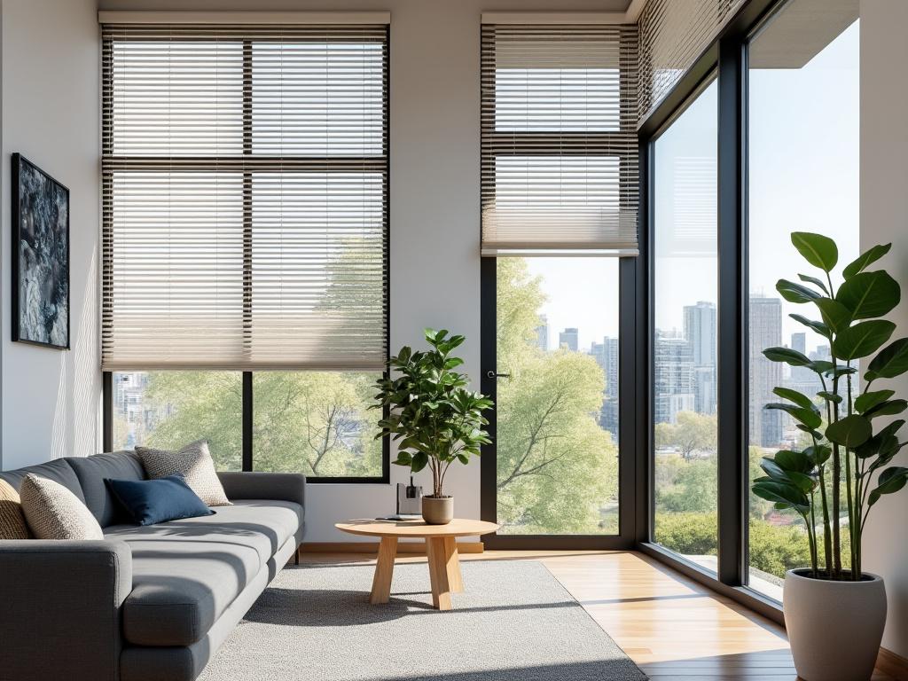 Modern living room with large windows, a grey sofa, wooden coffee table, indoor plants, and city skyline view.