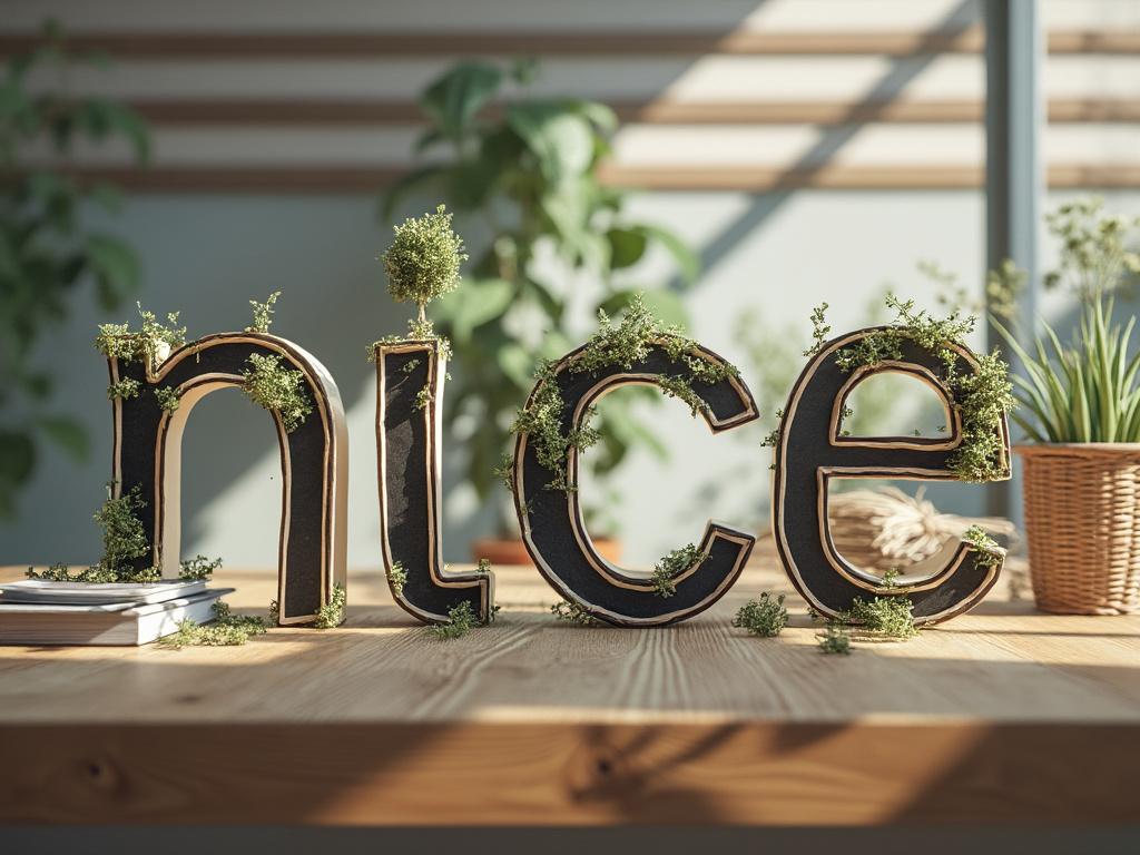 Wooden letters spelling 'nice' with green plants growing out, on a wooden table with a blurred plant background.
